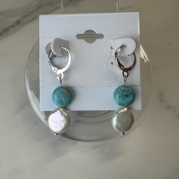 Pearl & Larimar Coin Earrings - Picture 4 of 4